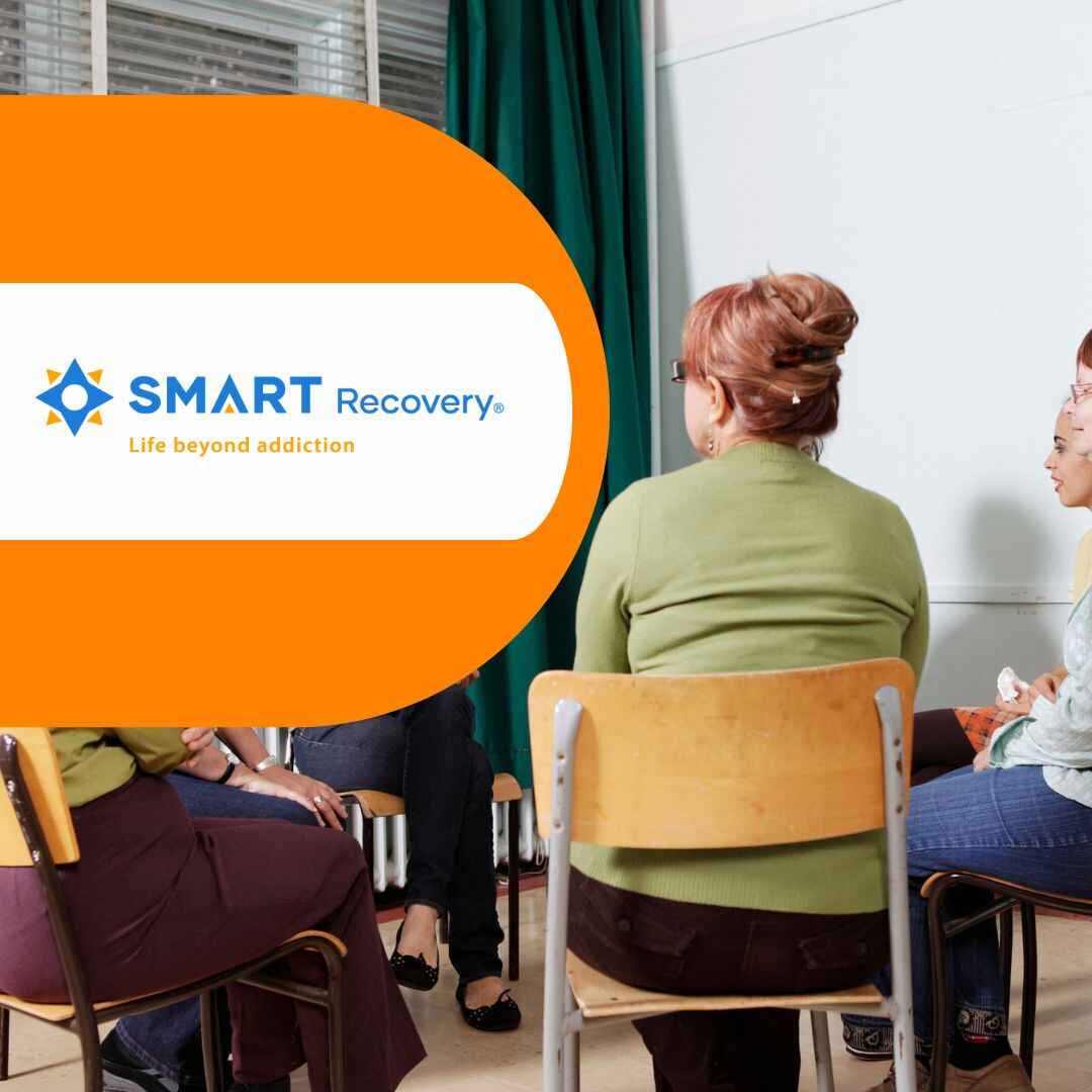 A SMART Recovery meeting. We see the back of a woman who is sitting on a chair. She is sitting in a circle with other people.
