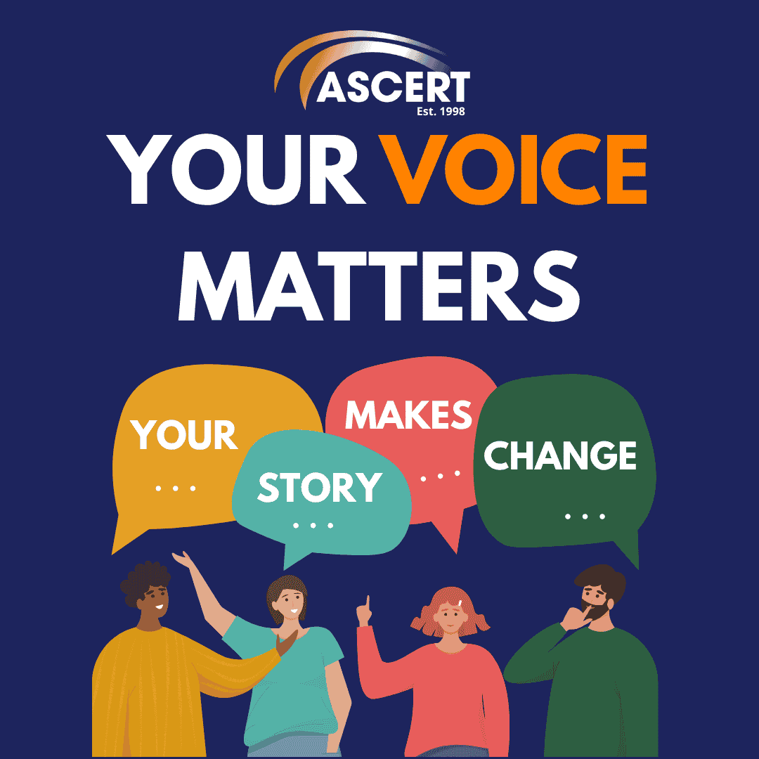 A graphic of four people wearing different colour t-shirts. Above their head are speech bubbles. Each bubble has a word in it that makes the sentence "Your Voice Makes Change". Above that the image says Your Voice Matters.
