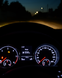 A car dashboard at night time with the road in view.